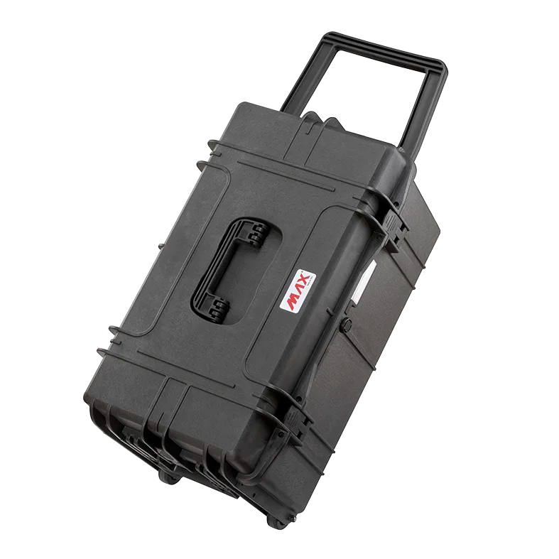Panaro A-RACK4U-MAX630 tilted onto its wheels with the large fold down handle raised for rolling