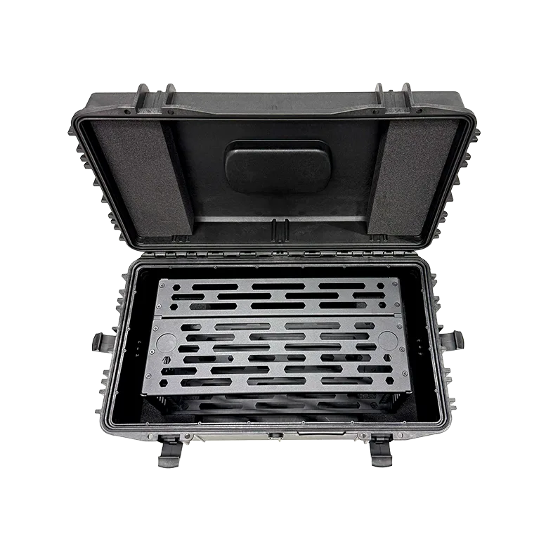 Overhead view of the open Panaro A-RACK4U-MAX630 with the slotted 4U rack frame inside