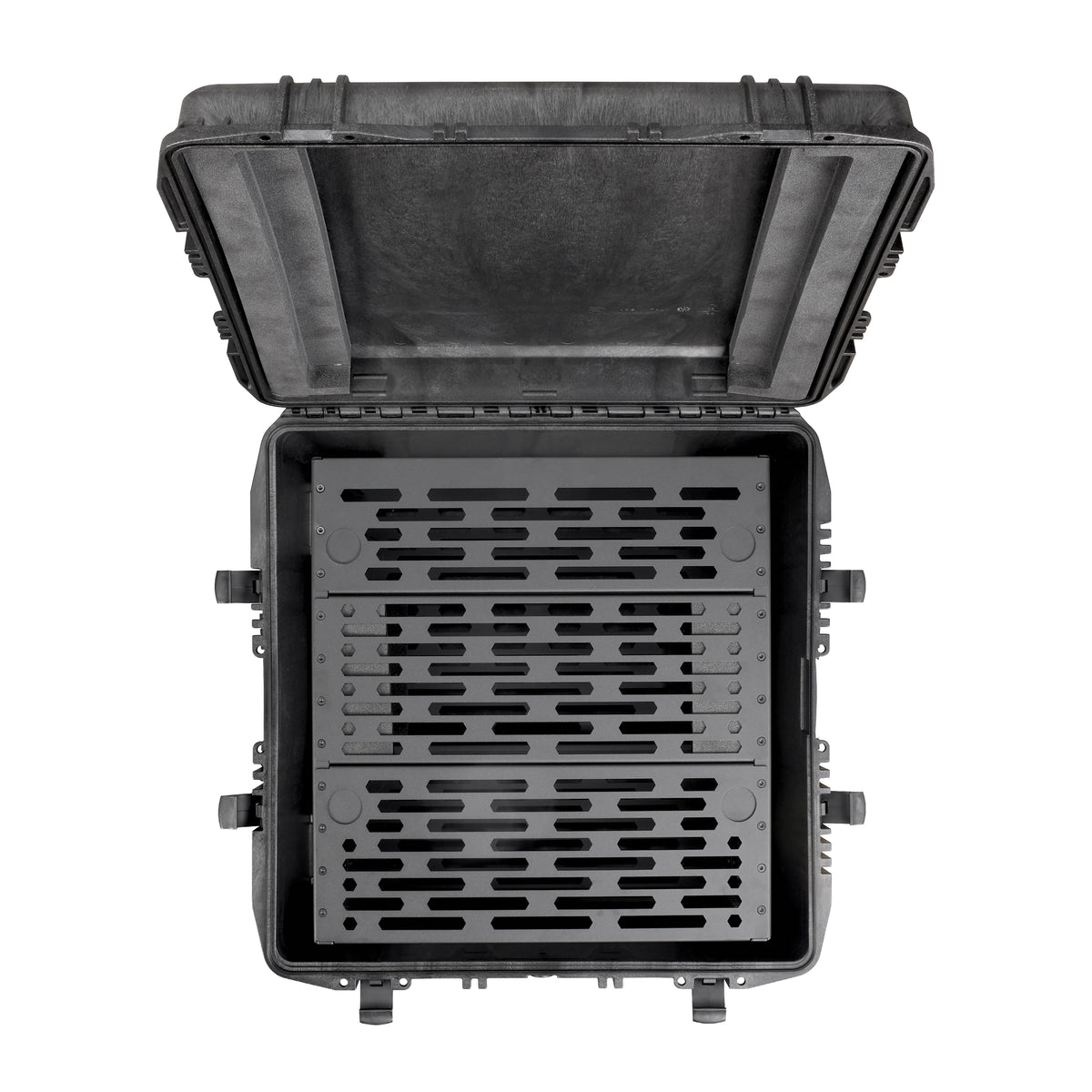 Overhead view of the Panaro A-RACK6U-MAX615 with the lid open and the slotted rack frame inside
