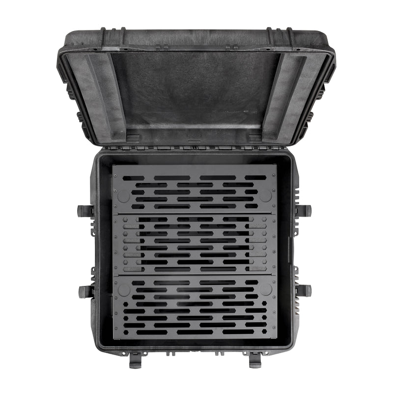 Overhead view of the Panaro A-RACK6U-MAX615 with the lid open and the slotted rack frame inside