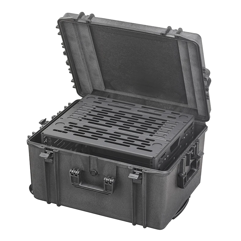 Panaro A-RACK6U-MAX620H340TR trolley case open with the 6U rack frame fitted inside