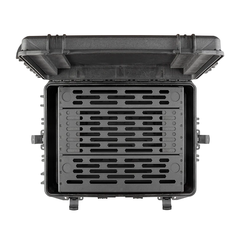 Overhead view of the open Panaro MAX620H340 with the 6U rack frame inside