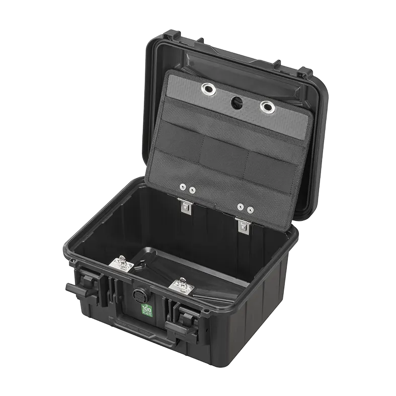 Panaro EKO30DPA open with the empty pouch panel in the lid and a clear base