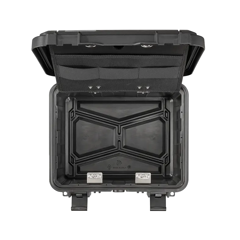 Overhead view of the open Panaro EKO30DPA with the lid panel folded back