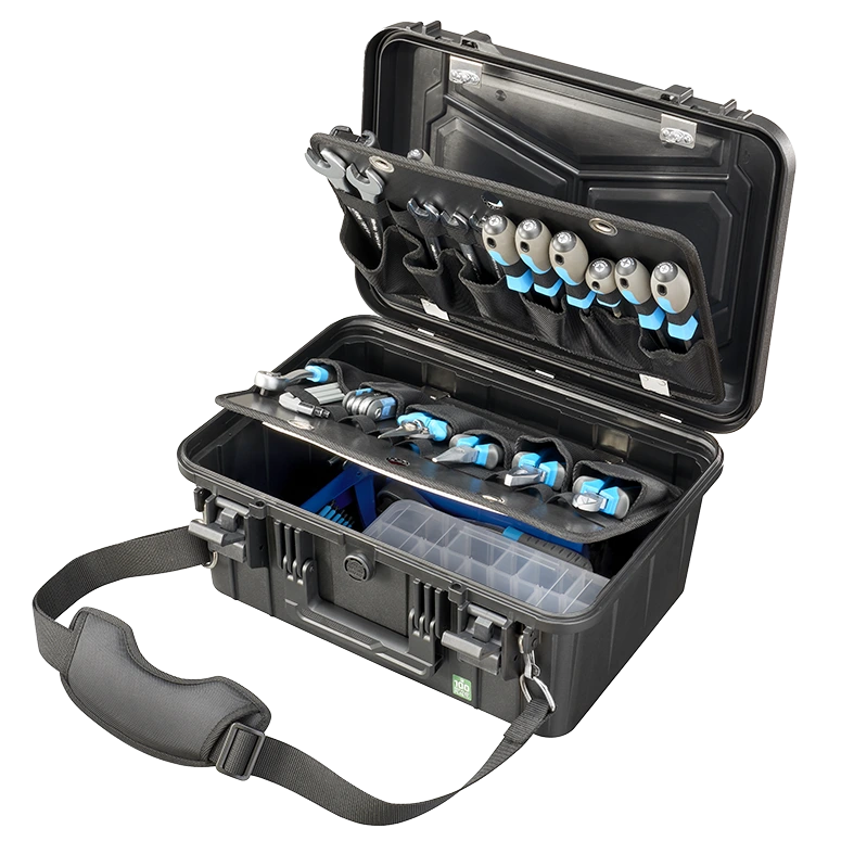 Panaro EKO60DPA-P kit open with tool pouches, organiser box and shoulder strap, shown with example tools
