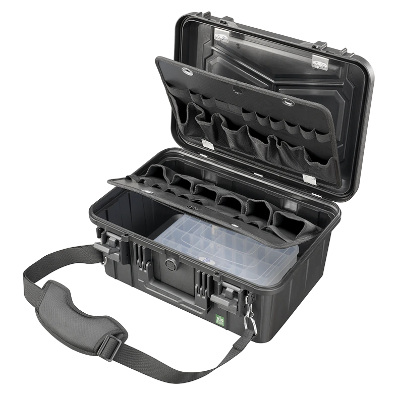 Panaro EKO60DPA-P kit open with empty tool pouches, clear organiser box and the shoulder strap fitted