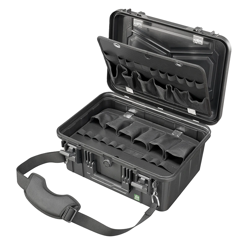 Panaro EKO60DPA-P kit open with empty pouches in the lid and base and the shoulder strap attached