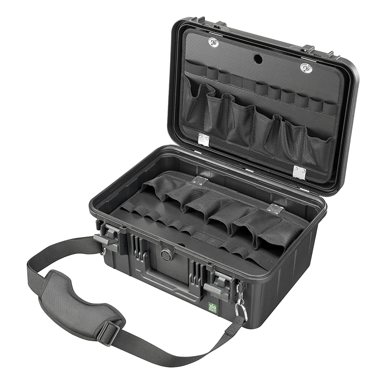 Panaro EKO60DPA-P kit open with the lid pouch panel flat and the strap clipped on