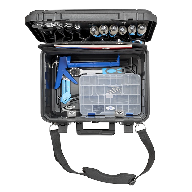 Overhead view of the Panaro EKO60DPA-P kit with the clear organiser box and example tools in the base