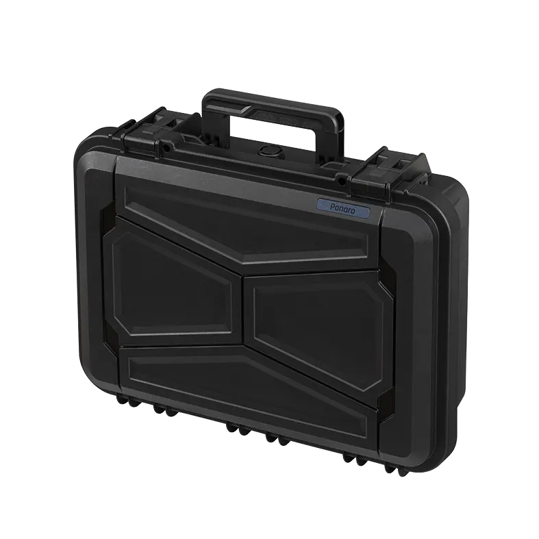 Closed Panaro EKO60 case in smoke grey at an angle with the faceted lid and carry handle
