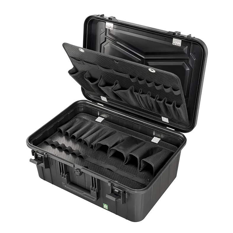 Panaro EKO90DPA open showing empty tool pouches in the lid panel and along the base