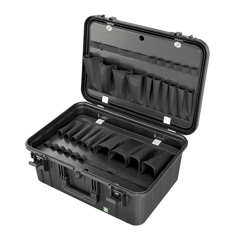 Panaro EKO90DPA open with the lid tool panel flat and the base pouches empty