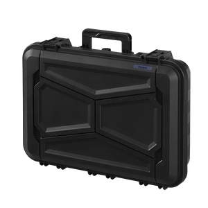 Closed Panaro EKO90 case in smoke grey at an angle, showing the faceted lid and carry handle