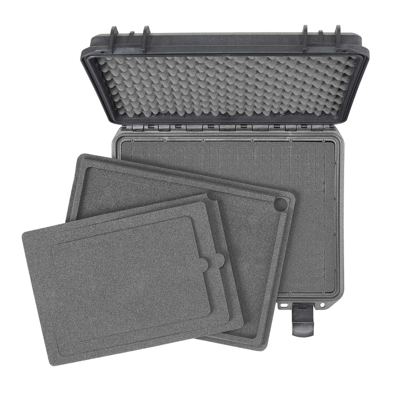 Two grey foam laptop panels with recessed outlines and finger notches lifted out of an open black MAX380 case