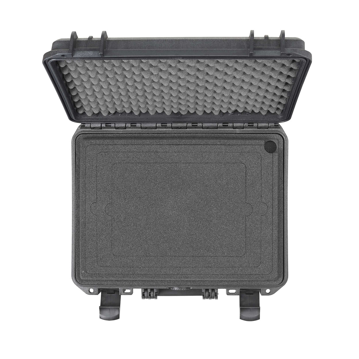 Laptop holder panel fitted in a MAX380 case, empty recess and round finger notch at the top corner