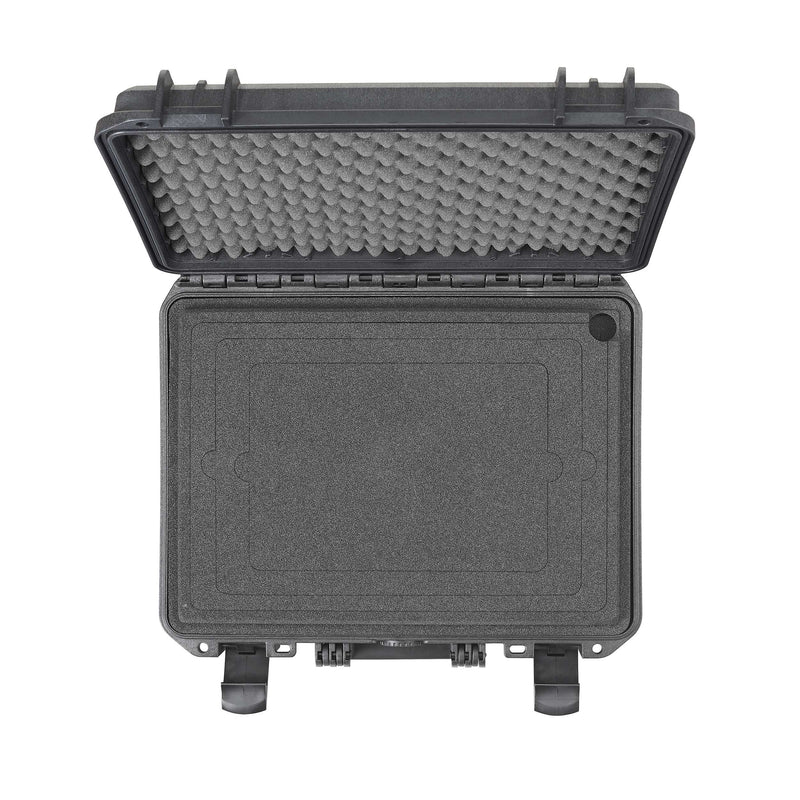 Laptop holder panel fitted in a MAX380 case, empty recess and round finger notch at the top corner