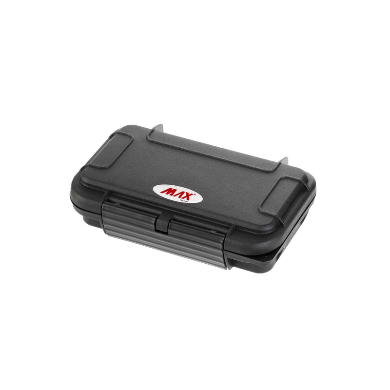 Panaro MAX001 waterproof case in black, closed and angled, with the red MAX logo on the ribbed lid