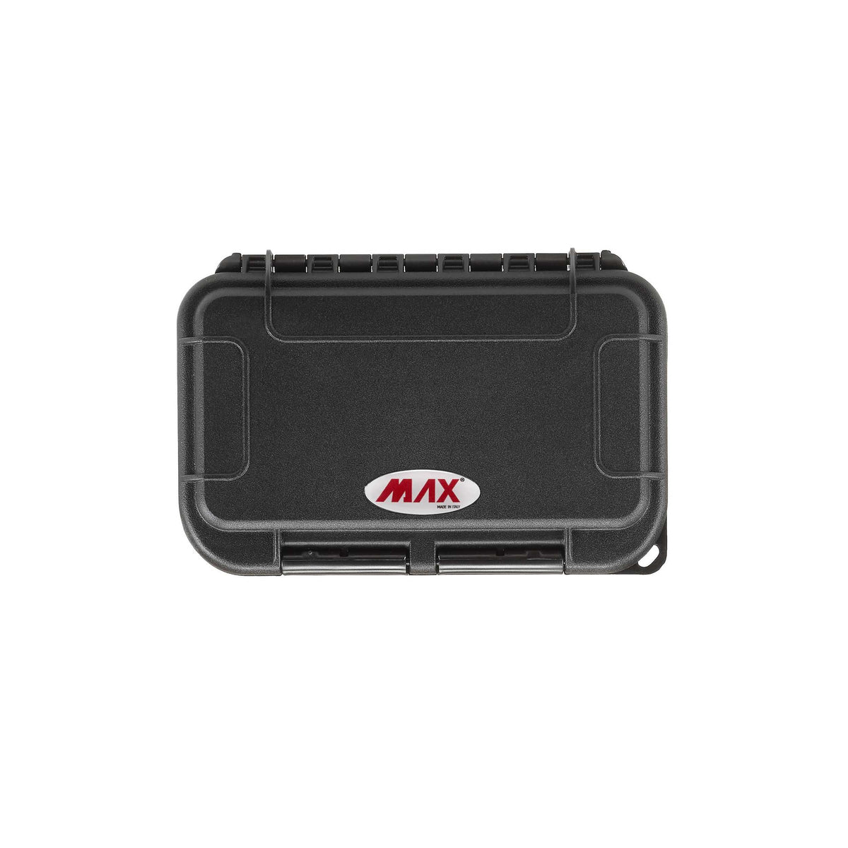 Black MAX001 case shown closed from the front, MAX badge centred on the lid