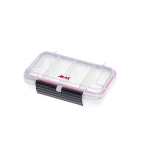 Panaro MAX001T transparent case closed, four compartments visible through the clear lid with the black latch at the front