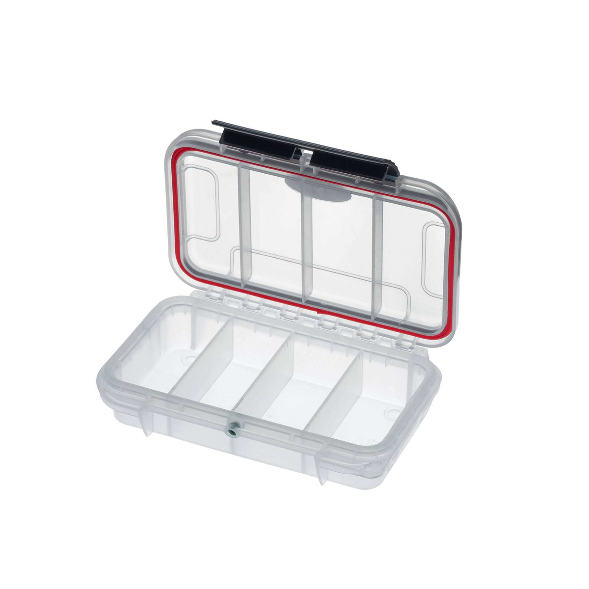 MAX001T opened flat showing the clear base split into four compartments and the red O-ring seal around the lid