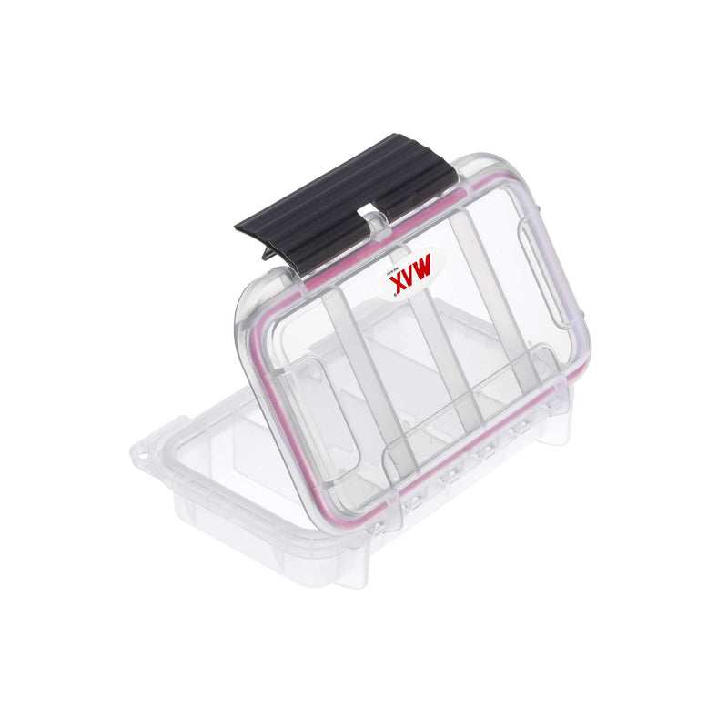 Rear view of the open MAX001T showing the hinge, the reversed MAX badge and the compartment walls