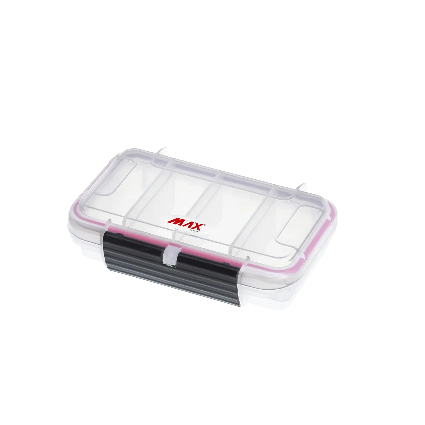 Panaro MAX001T waterproof case in transparent with 4 Compartments, closed front view showing latches and moulded shell