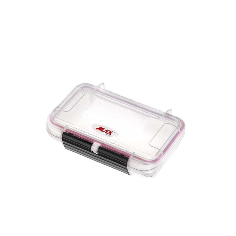 Panaro MAX001VT clear empty case closed at an angle, red O-ring and black latch visible through the transparent shell