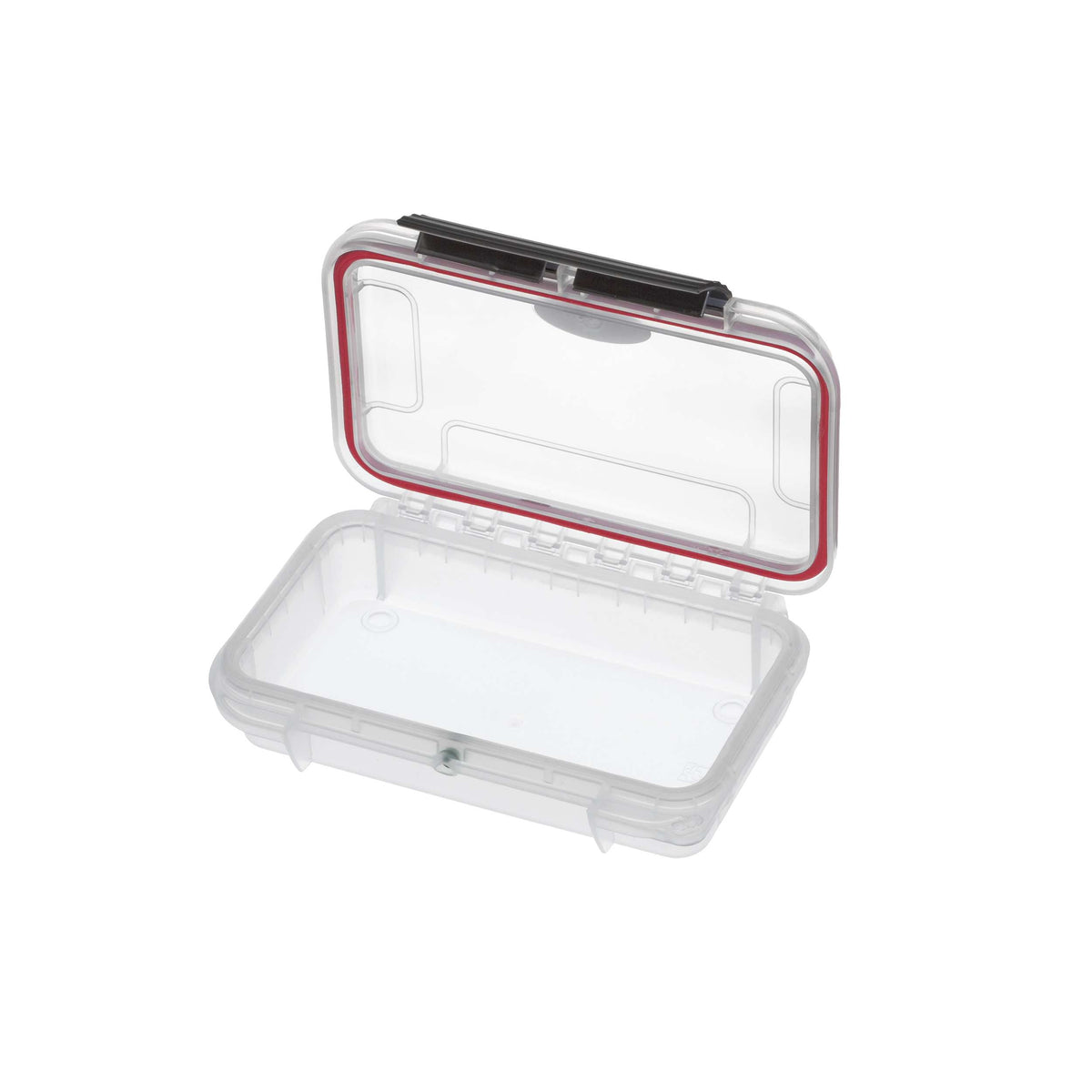 MAX001VT open showing the empty clear interior with no dividers and the red seal around the lid
