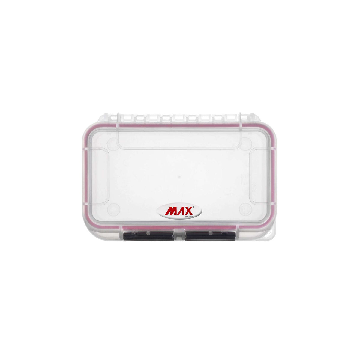 Front view of the closed transparent MAX001 case with the MAX badge printed on the lid