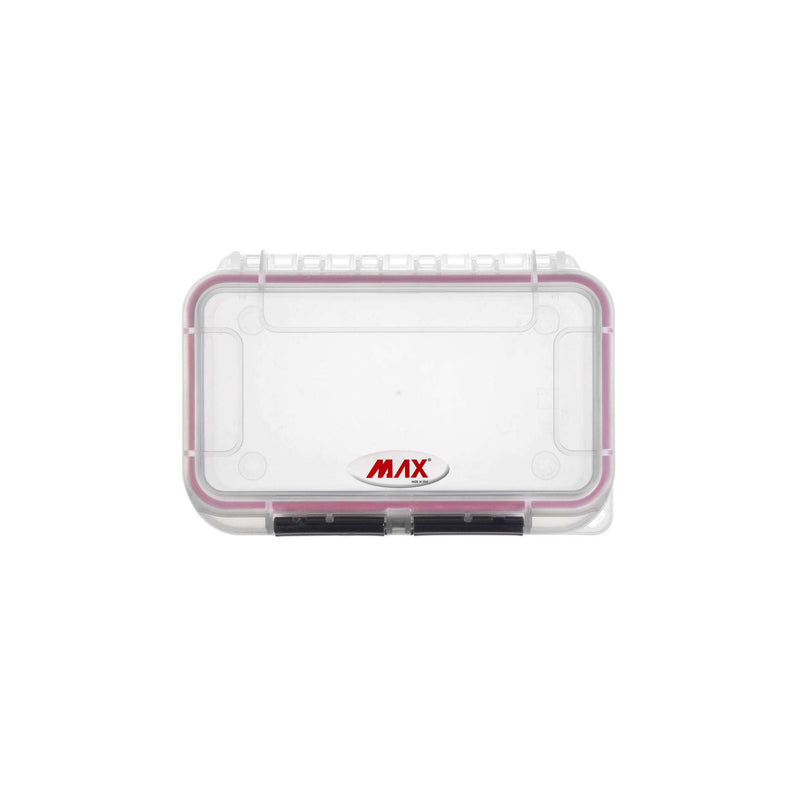 Front view of the closed transparent MAX001 case with the MAX badge printed on the lid