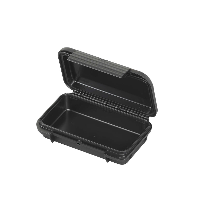 MAX001V case opened to show the empty black interior with no foam, lid hinged back along its full length