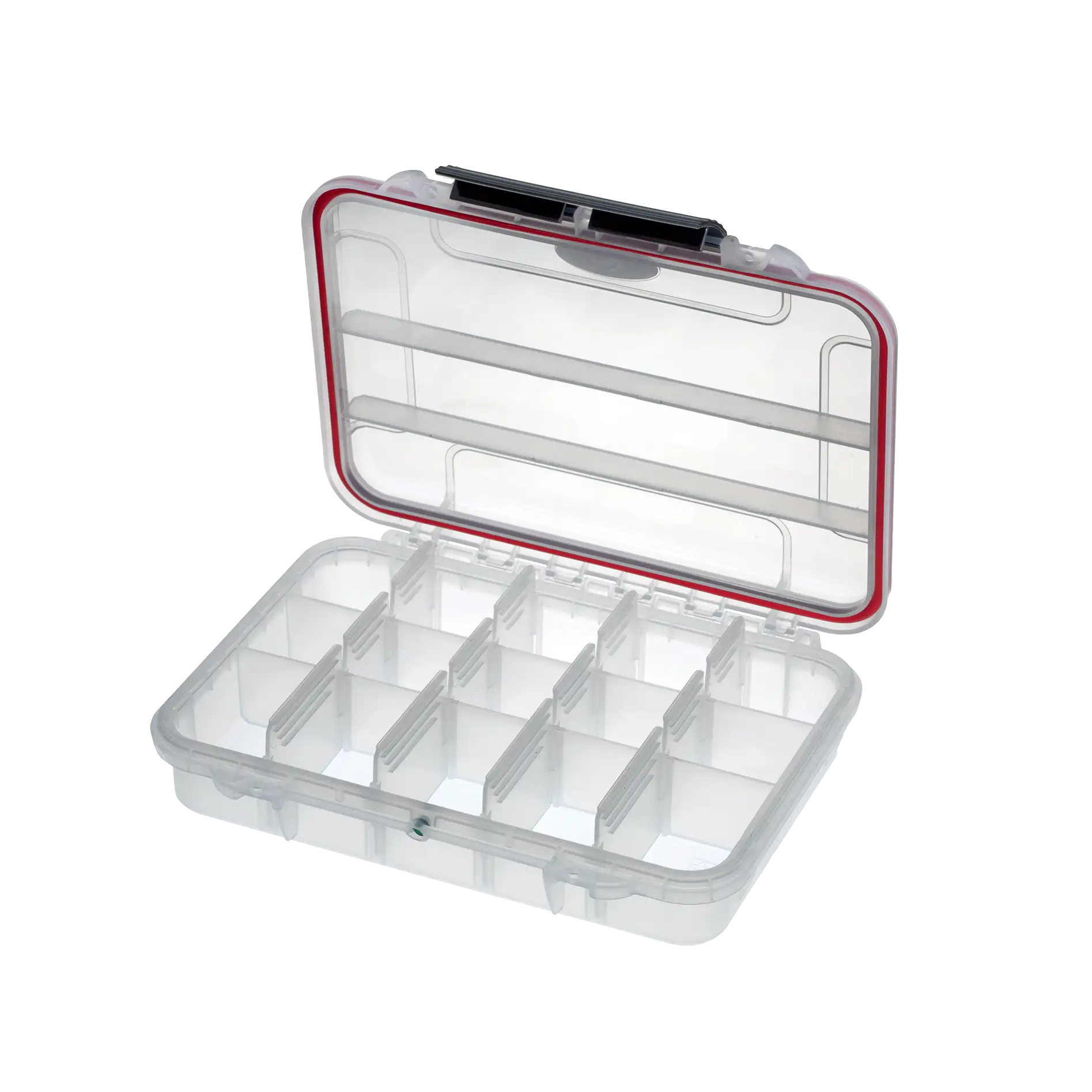 Panaro MAX002T waterproof case in transparent with 3-15 Adjustable Compartments, closed front view showing latches and moulded shell