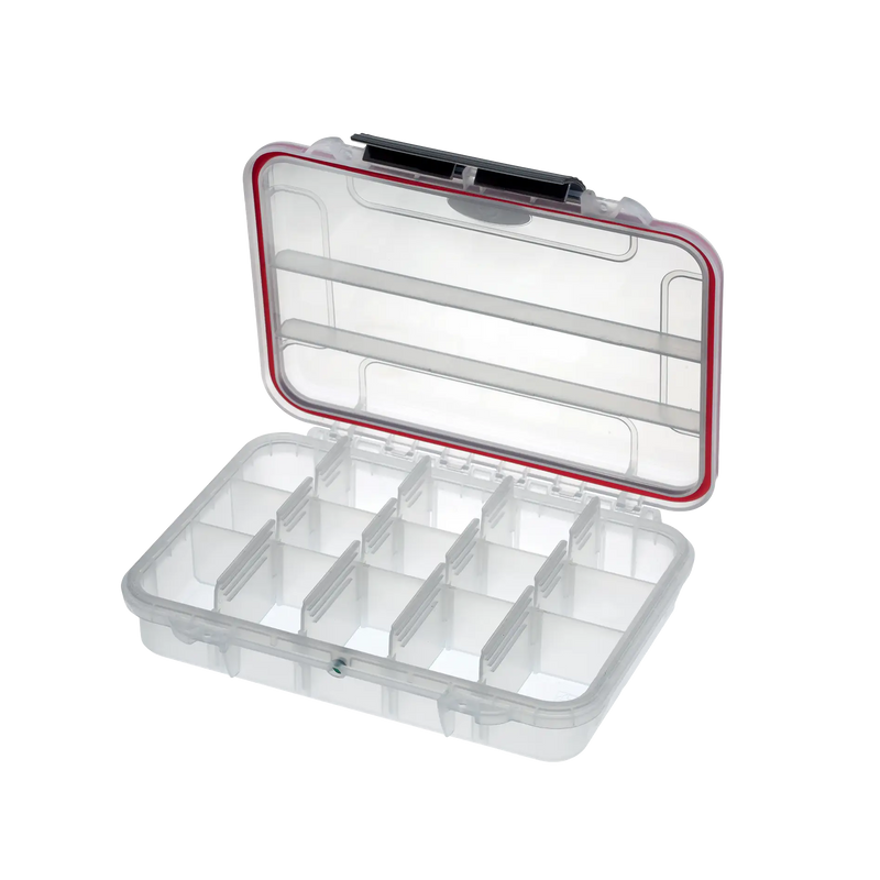 Panaro MAX002T waterproof case in transparent with 3-15 Adjustable Compartments, closed front view showing latches and moulded shell