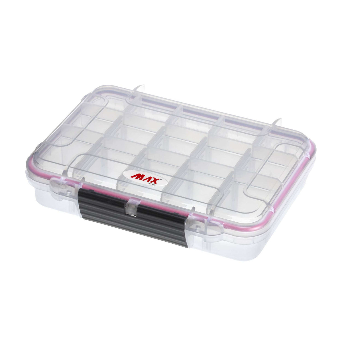 Panaro MAX002T clear case closed, divider grid visible through the transparent lid, black latch at the front