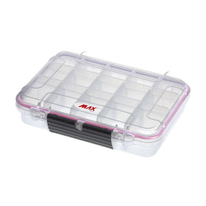 Panaro MAX002T clear case closed, divider grid visible through the transparent lid, black latch at the front