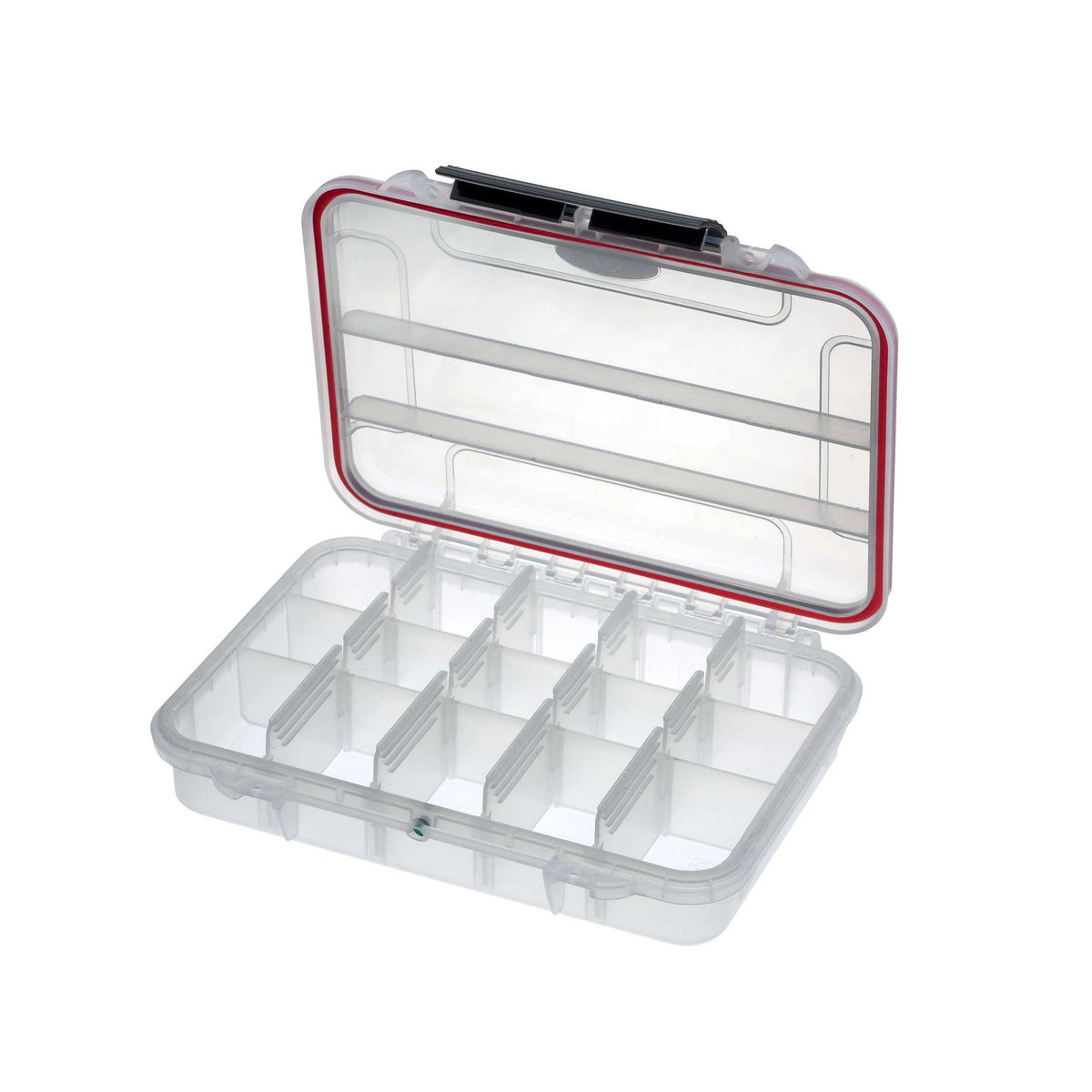 MAX002T opened with dividers arranged into small compartments in the clear base and the red seal in the lid