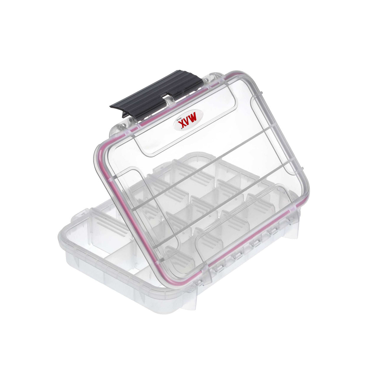 Rear angle of the open MAX002T showing the hinge, the divider layout and the MAX badge on the lid