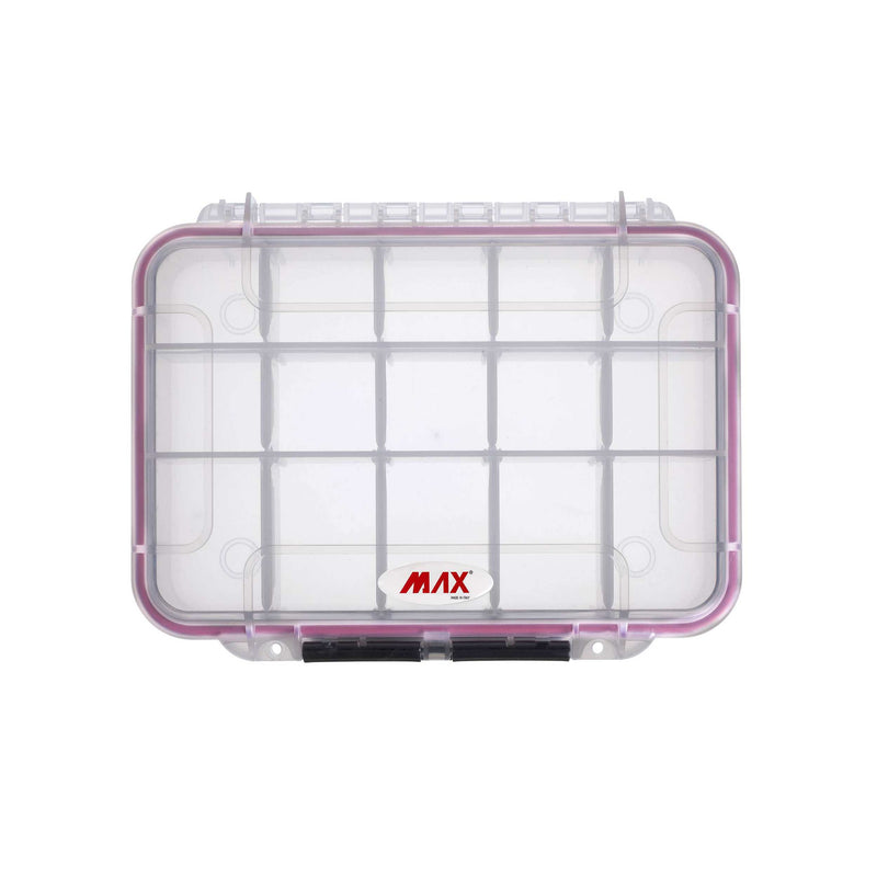 Top-down front view of the closed MAX002T with fifteen compartments visible through the lid