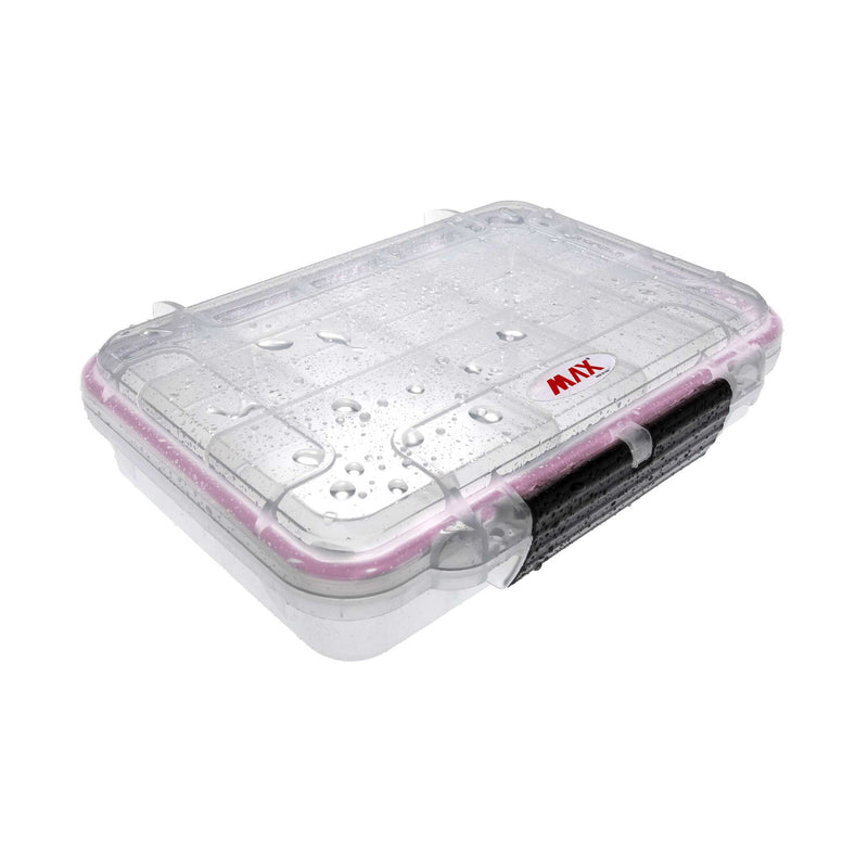 Transparent MAX002T case closed with water drops on its lid and red O-ring visible at the rim