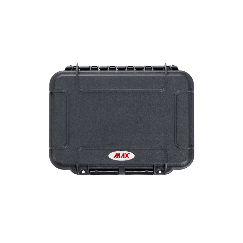 MAX002 black shell viewed straight on from the front with the lid closed