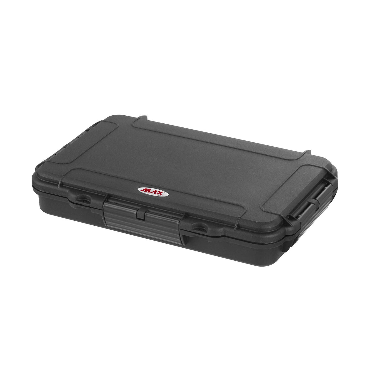 Closed black Panaro MAX003 case at an angle showing the front latch, side latches and MAX badge