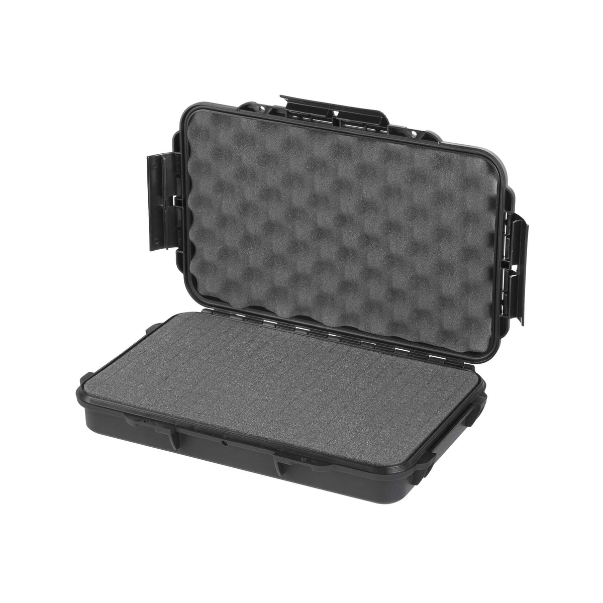 MAX003S opened with grey cubed pluck foam in the base and egg-crate convoluted foam lining the lid