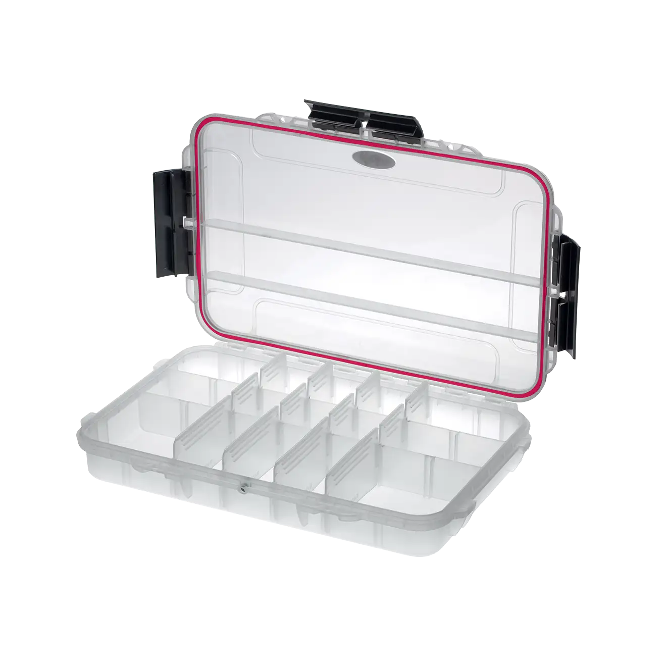 Panaro MAX003T waterproof case in transparent with 3-15 Adjustable Compartments, closed front view showing latches and moulded shell
