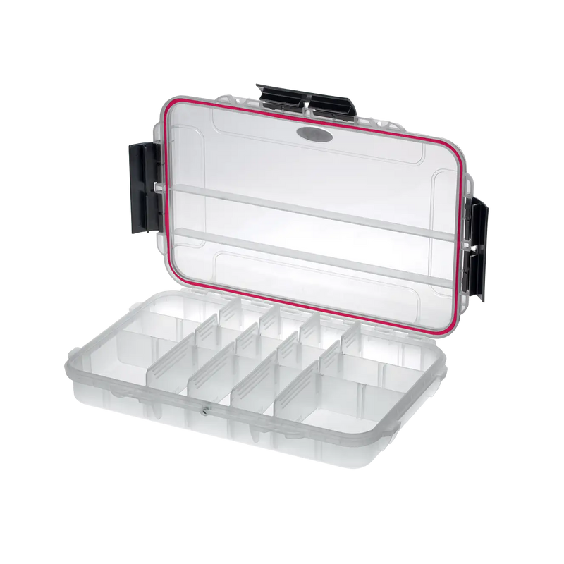 Panaro MAX003T waterproof case in transparent with 3-15 Adjustable Compartments, closed front view showing latches and moulded shell