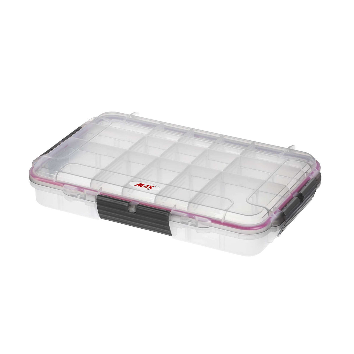 Panaro MAX003T transparent case closed, angled view showing the clear lid, pink lid seal, black latches and dividers inside