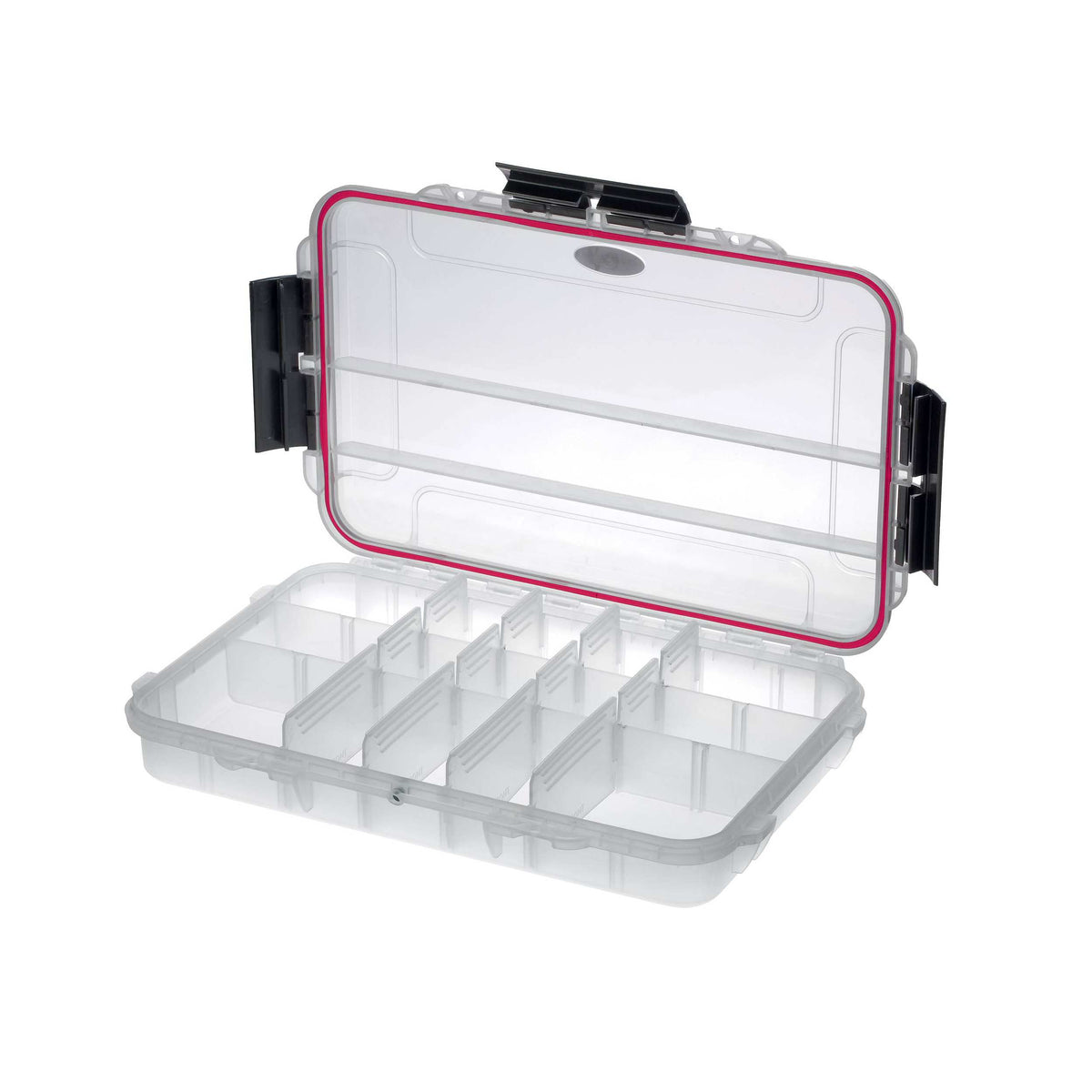 MAX003T opened with the clear lid raised and the clear base split by white dividers into small compartments