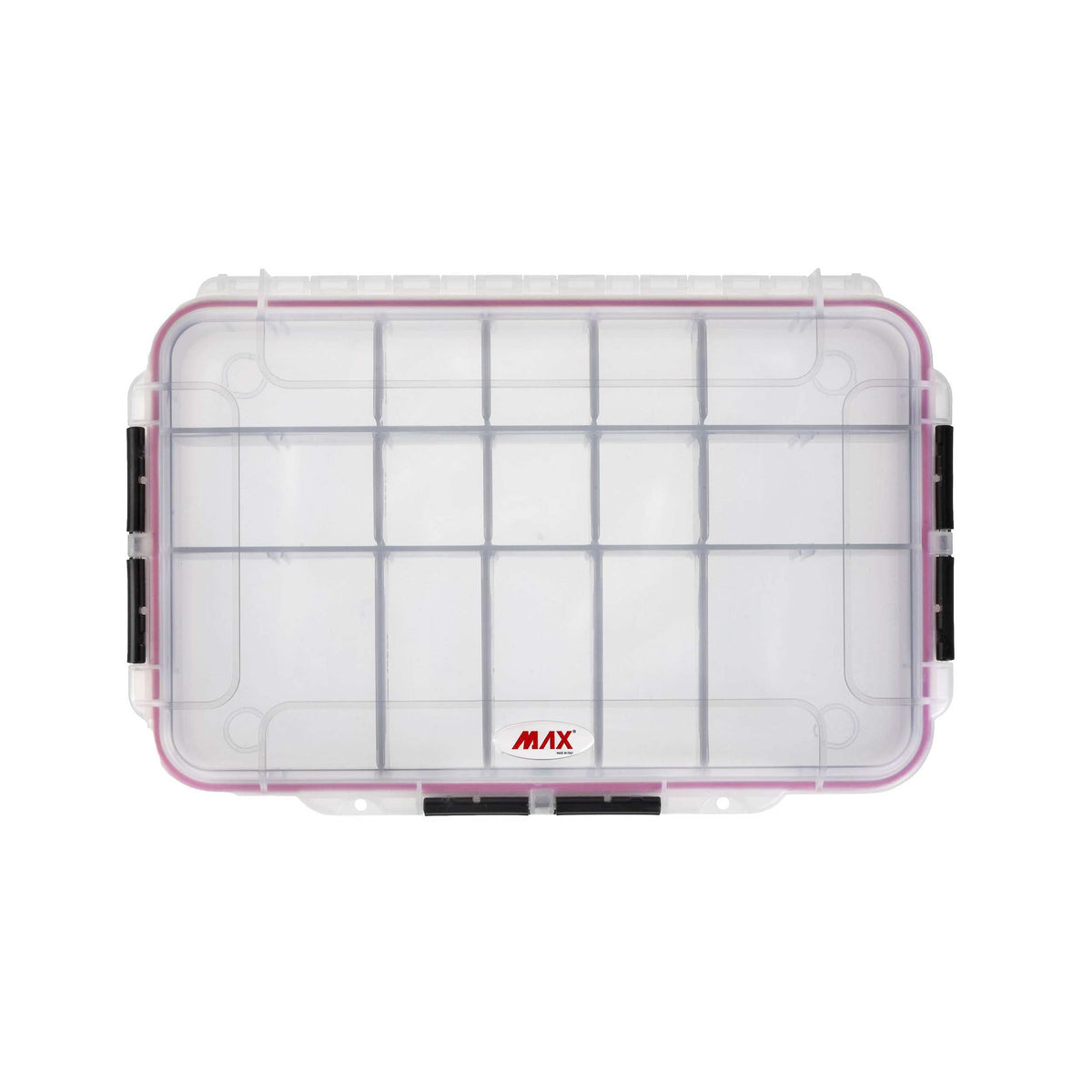 Top-down view of the closed MAX003T showing the divider grid through the transparent lid and the red MAX logo