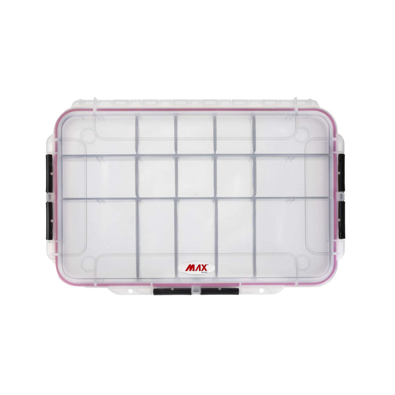 Top-down view of the closed MAX003T showing the divider grid through the transparent lid and the red MAX logo