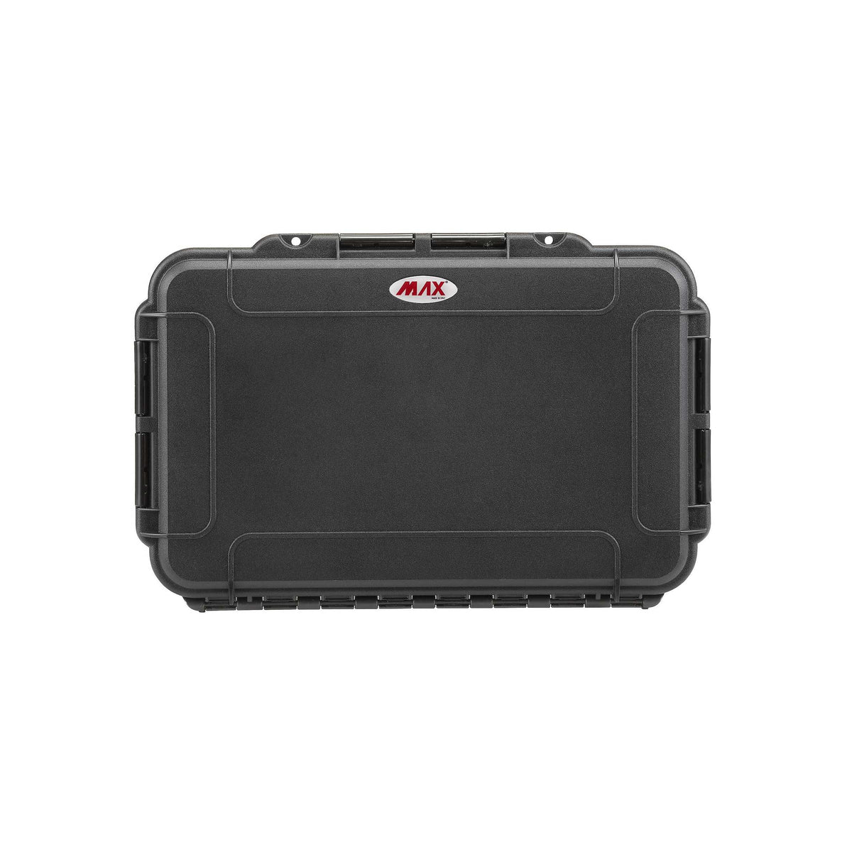Top view of the closed MAX003 shell in black with the MAX logo and latch tabs along the front