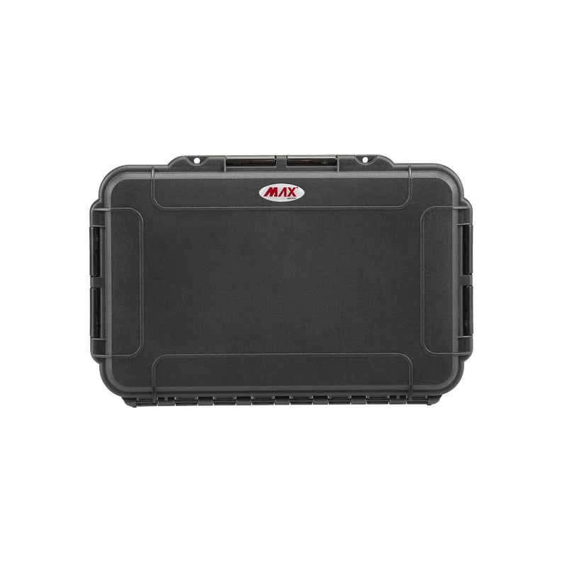 Top view of the closed MAX003 shell in black with the MAX logo and latch tabs along the front